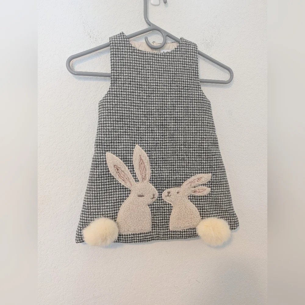 Lola And The Boys Grey Knit Sleeveless A-Line Kissing Bunnies Gingham Dress 2-3Y